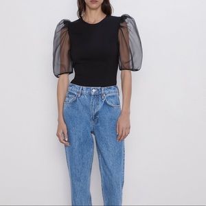Zara Black Puff Organza Sleeve Top Size S